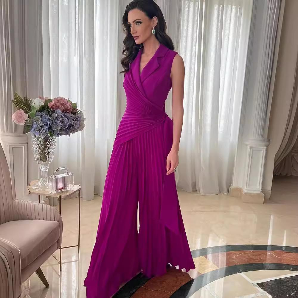 Tuta Larga Monocolore con Revers e Multi-Pieghe per Donna - Moda Estate 2025