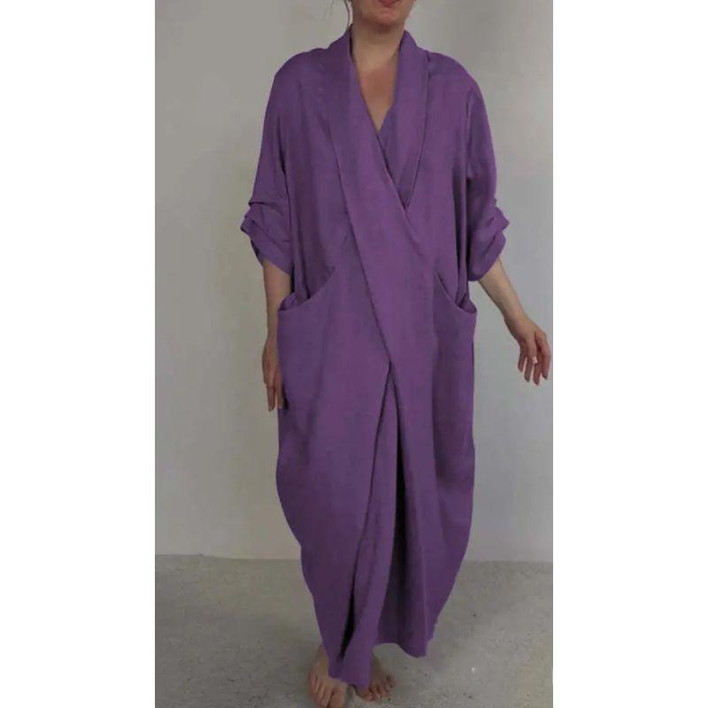 

European and American Fashion Women clothes Solid Casual Large Pocket Loose Dress Loose plus Size Dress Purple XL