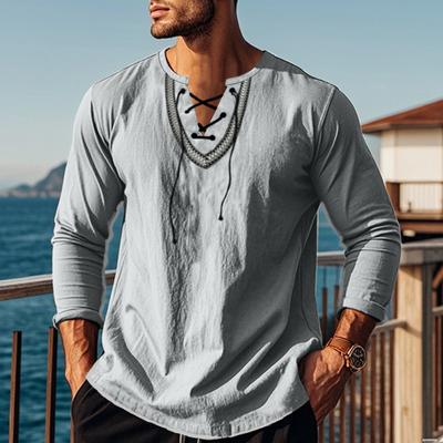 Spring and Autumn New Loose Pullover Retro Ethnic Style Casual Long-sleeved Shirt Cotton Linen Stand-up Collar Male