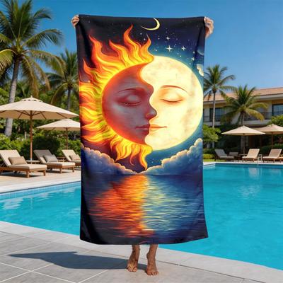Personified Day, Moon, and Yin-yang Faces Polyester Microfiber Beach Towel Is Highly Absorbent, Suitable Swimming Beach Outings