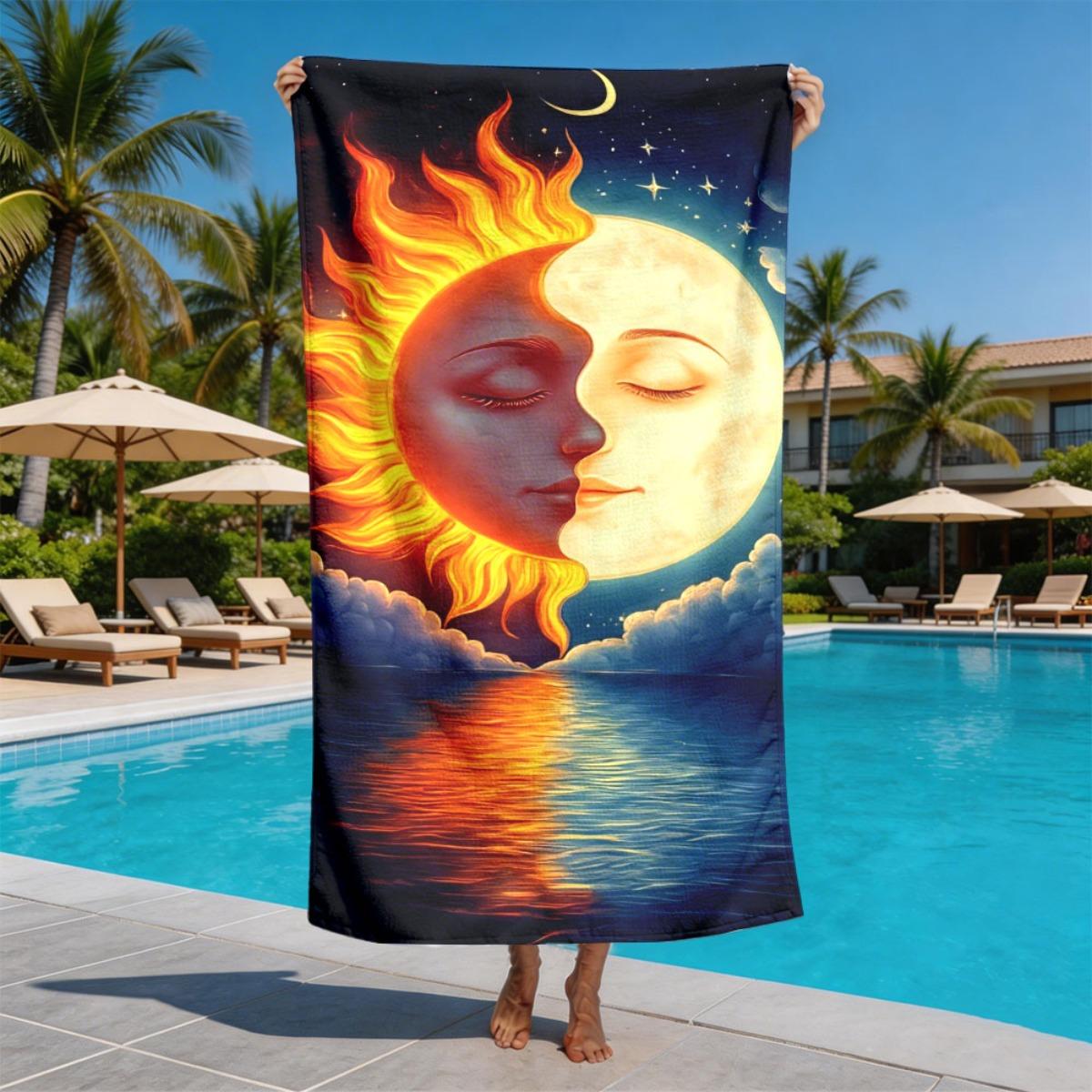 

Personified day, moon, and yin-yang faces polyester microfiber beach towel is highly absorbent, suitable swimming beach outings W30*H60(CM)