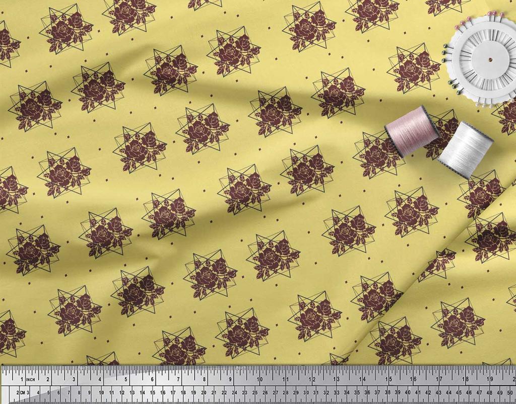 Soimoi Green Poly Crepe Fabric Geometric & Rose Floral Printed Fabric 1 Yard 42 Inch