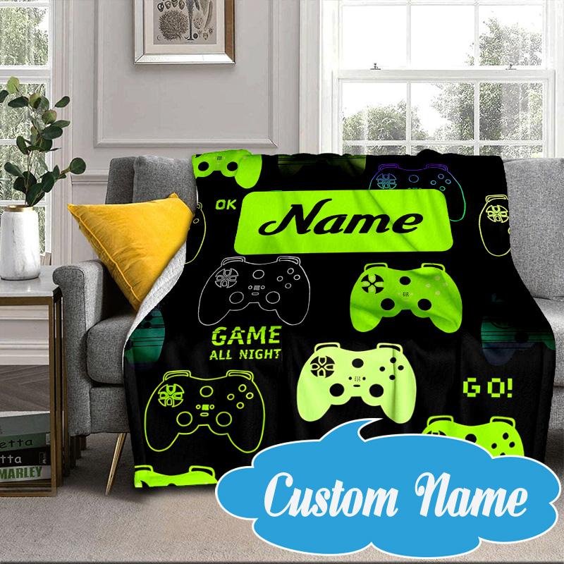 Custom Name Neon Game Controller Blanket bed sofa Blanket Flannel Blanket for Camping, Hiking, Picnic Essentials,gift for Fan family