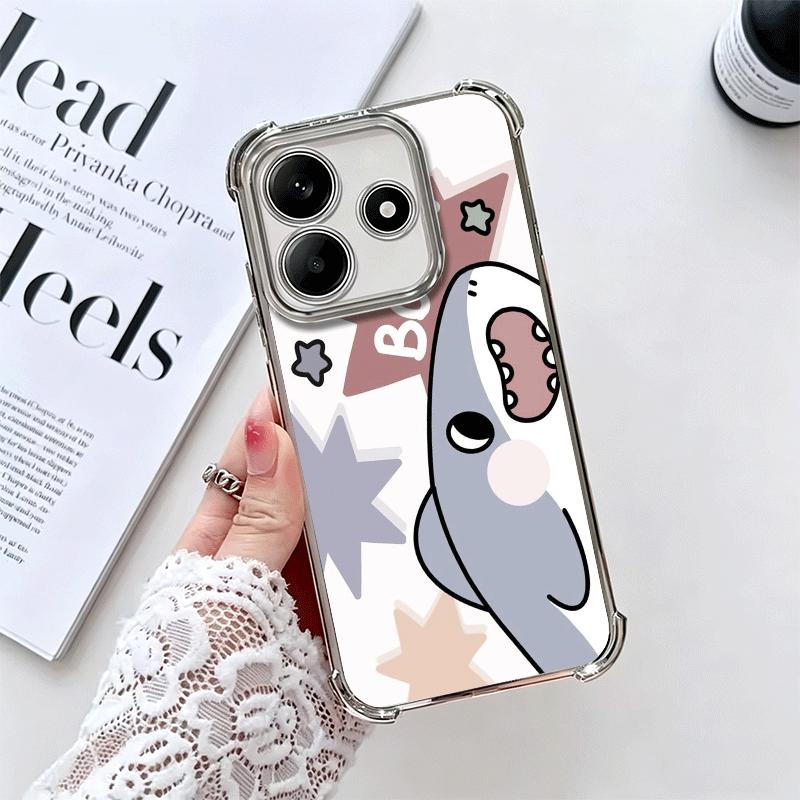 

Cartoon Cute Shark Soft Phone Case For Xiaomi Redmi Note 14 15 Pro Plus 13 12 11S 11T 5G 10 9S 9 Plating Anti-Fall Fundas Redmi Note 9S