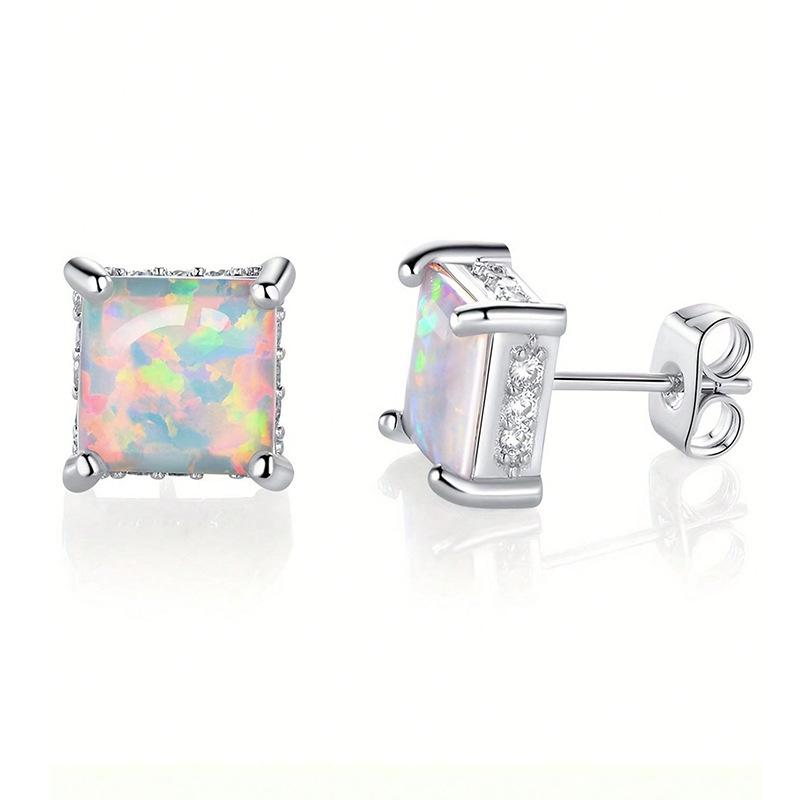 New square opal stud earrings copper plated real gold high quality Kyocera opal opal jewelry