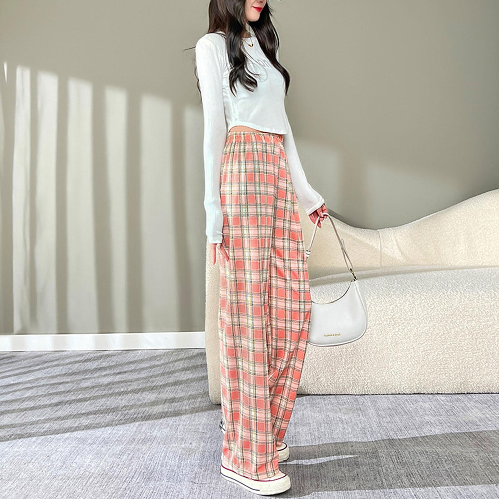 

Женские повседневные брюки, удобные брюки с принтом, брюки с высокой талией, клетчатые эластичные широкие свободные женские повседневные клетчатые брюки one size розовый