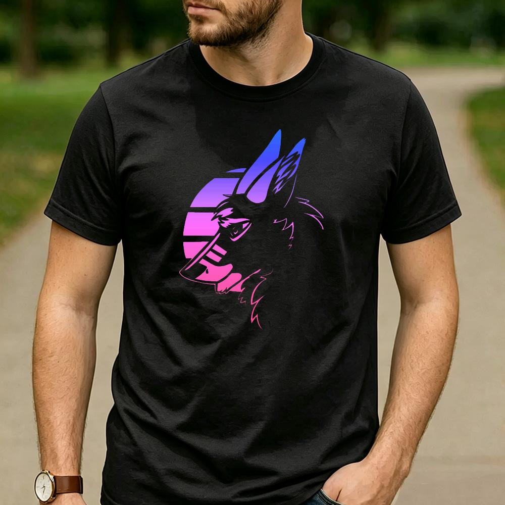 Vaporwave Gradient Wolf Head Sunset Circle Graphic T Shirt Unisex Crew Neck Short Sleeve Wildlife Fan Holiday Gift Top