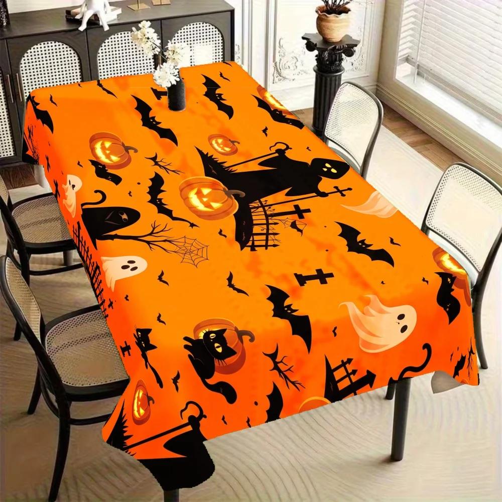 1Pc Halloween Style Tablecloth Orange Pumpkin Ghost Bat Print Table Cover For Party Home Dining Decoration Rectangula