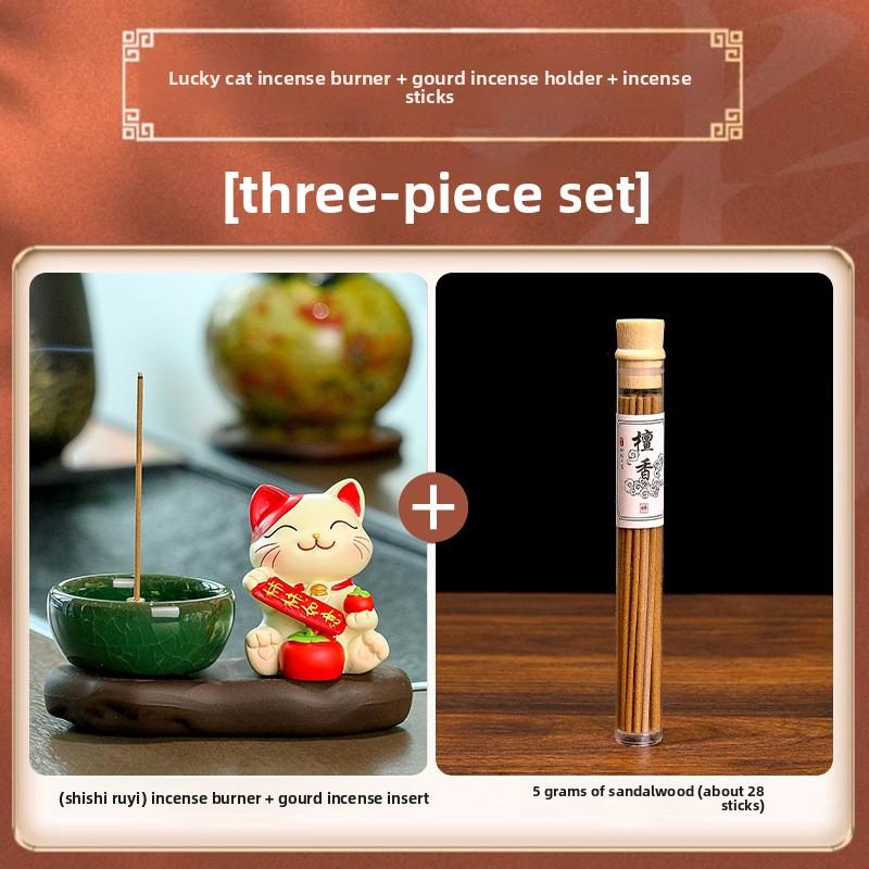 Fortune Cat Zenistic Incense Burner, Incense Stick Holder, Incense Insert, Sandalwood and Agarwood Incense Burner, Ceramic Incense Burner Persimmon + Incense Stick