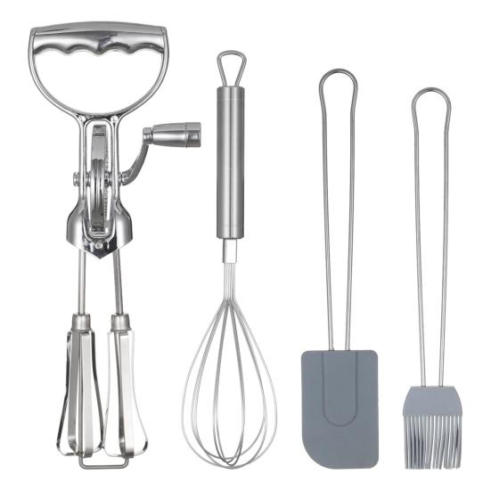 Egg Beater Set Manual Rotary Mixer with Silicone Brush Spatula Double-head Hand Push Whisk Stainless Steel Kitchen Tool for Baking Cooking
