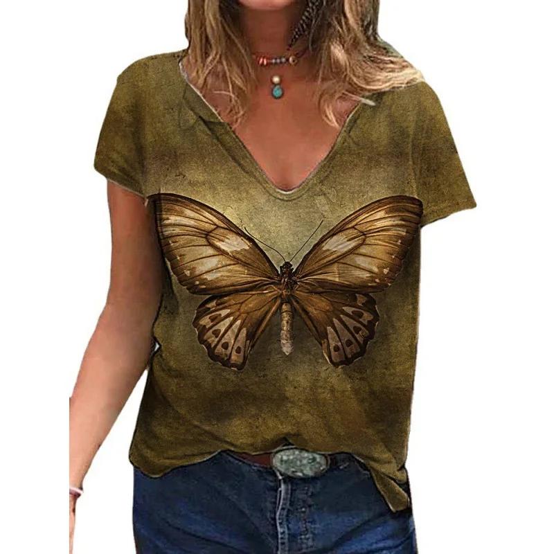 Sommer Damen Kurzarm T-Shirt Schmetterling V-Ausschnitt 3D Druck Freizeit Oberteil Mehrere Stile und Größen zur Auswahl