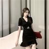 Design Sense V-neck Pleated Short-sleeved Temperament Dress Women's Summer Retro Niche Waist Hip-wrapped Ruffle Skirt