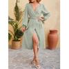 Women's V-Neck Waist Long Sleeve Hem Split Sexy Fashion Dresses