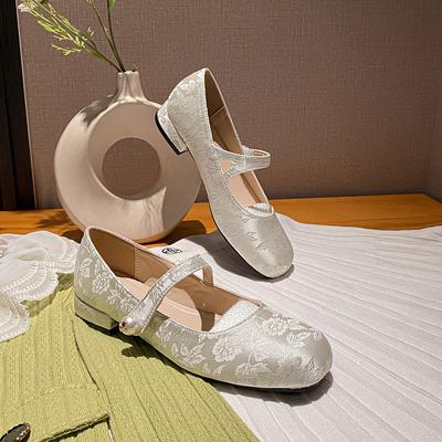 Tuberose _ National Style New Chinese Pearl Word with Square Head Jacquard Mary Jane Single Shoes