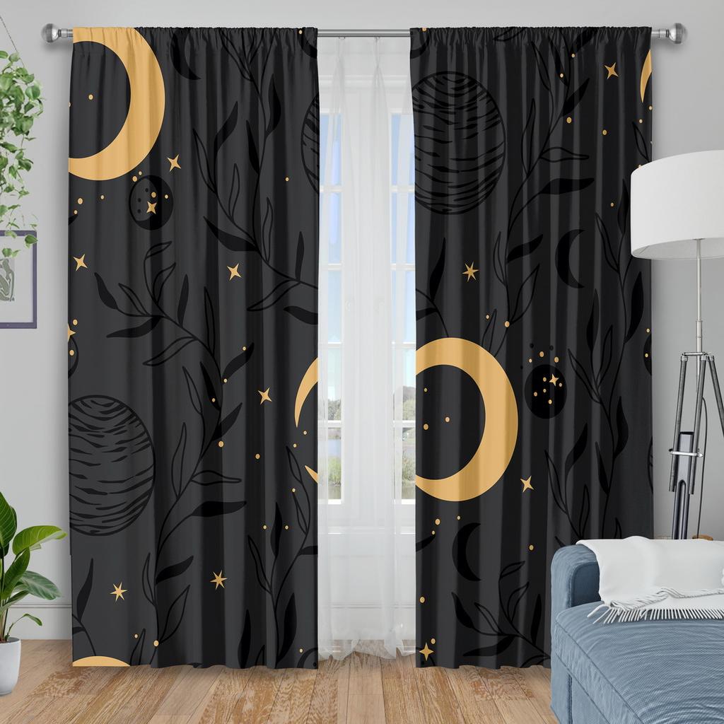 Starry Sky Moon Print Curtains Polyester Fabric Suitable Bedroom Living Room Kitchen Made Of Machine Washable Window Treatment