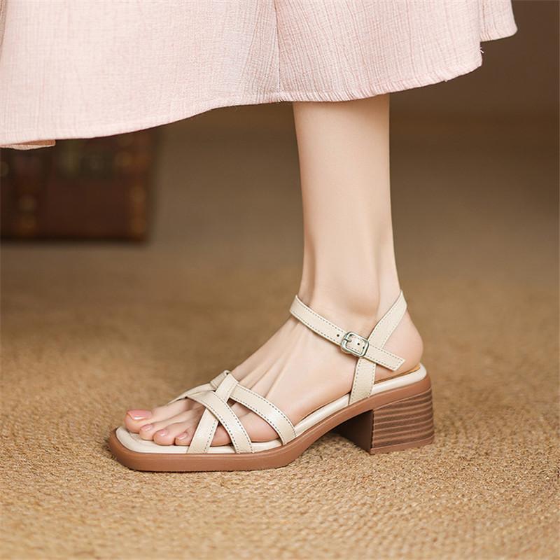 Fashion New Summer Sandals Sheep Leather Women Shoes Square Toe Chunky Heels Sandals for Women Fashion Roman Sandals Shoes High Heels