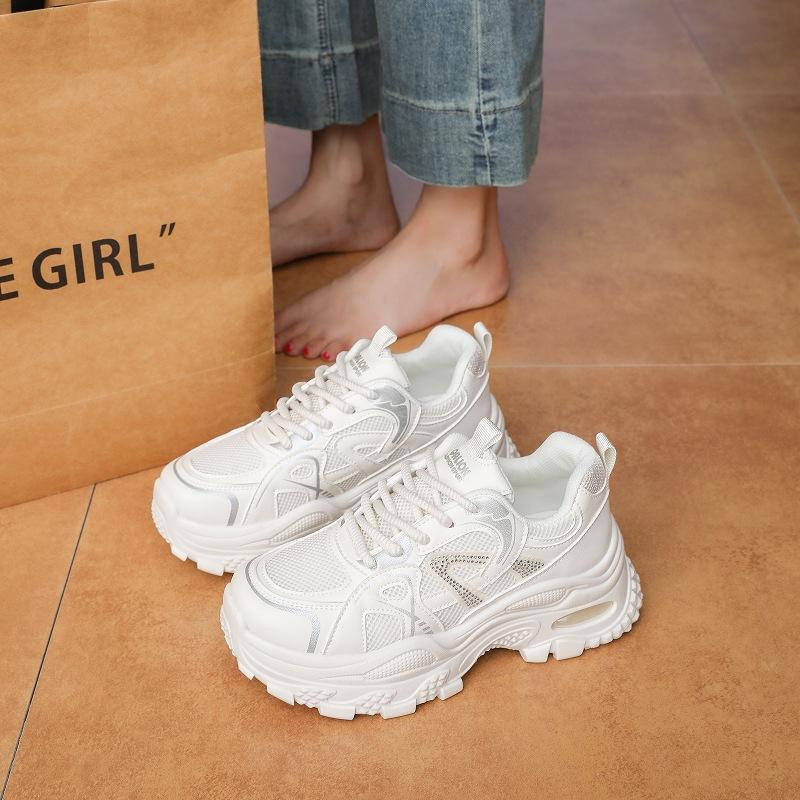 White Dew's same platform dad shoes for women's 2025 new mesh breathable silver 7cm height-increasing casual sports shoes
