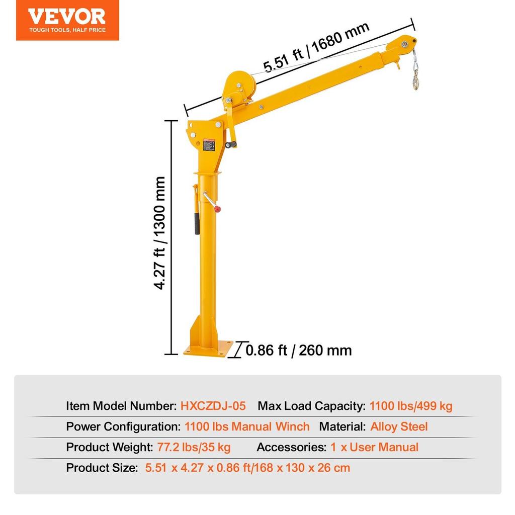 Pickup Truck Crane Hoist Crane 1100 lbs with Manual Winch 360° Hoist Lift