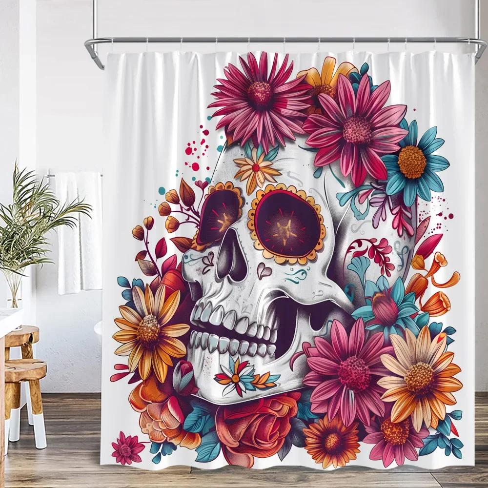 Bohemisk Dödskalle Blomma Duschdraperi Blomma Vintage Växt Blad Glad Halloween Badrumsdekoration Polyester Badkarsdraperi