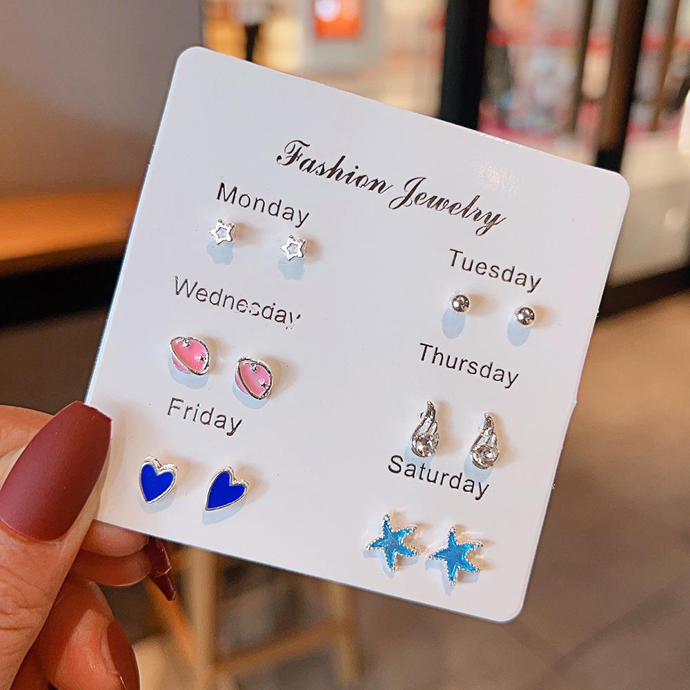 New small fresh one-week stud earrings set 1 pair combination Korean version sweet love bow fairy temperament earrings