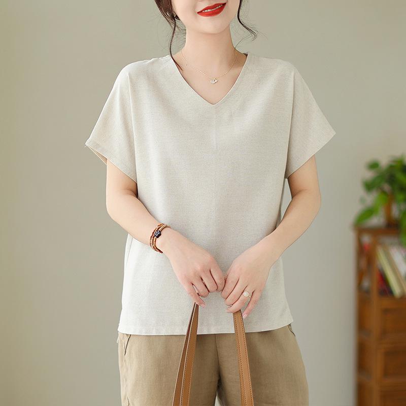 Women s Linen V-Neck Short-Sleeve Retro Top - Loose Casual Summer Style M