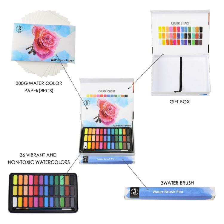 Künstler-Aquarellmalset 36 Farben feste Aquarellfarbe mit Wasserpinsel für Kinder Erwachsene Skizzieren Malen