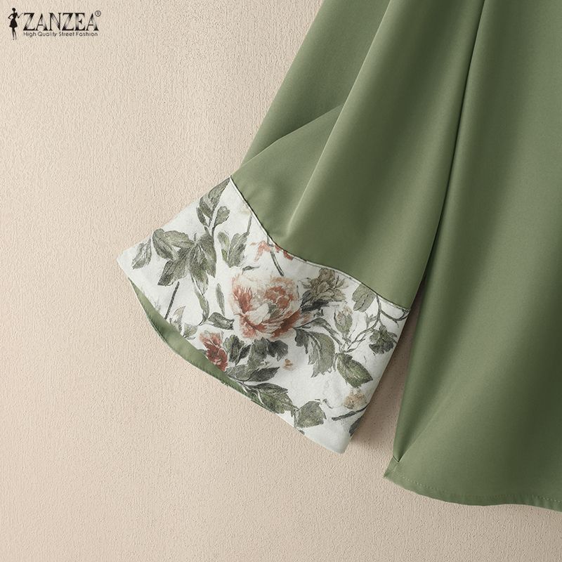 ZANZEA Blusa holgada casual para mujer con cuello en V, estampado patchwork, manga 3/4