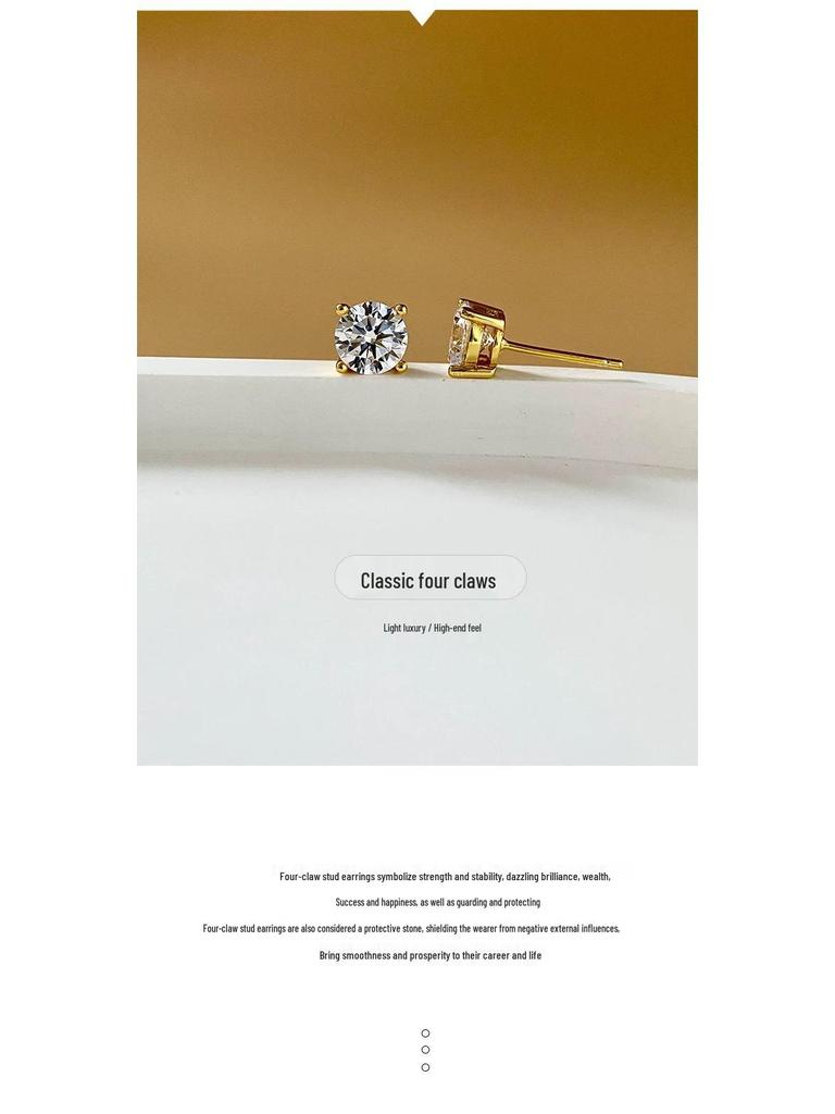 S925 Sterling Silver Four-Prong Set Cubic Zirconia Stud Earrings, Gold-Plated Fashion Design