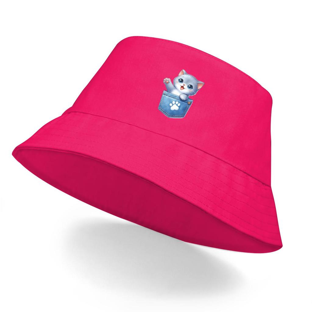 Bucket Hat With Cute Cat Print , Dog Claw Pocket Fisherman Cap Solid Color Wide Brim Unisex Basin Hat