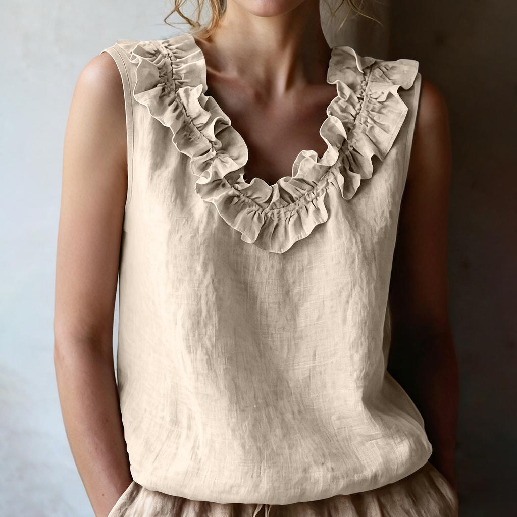 Women's Sleeveless V-Neck Ruffle Trim Blouse Casual Color Top for Summer