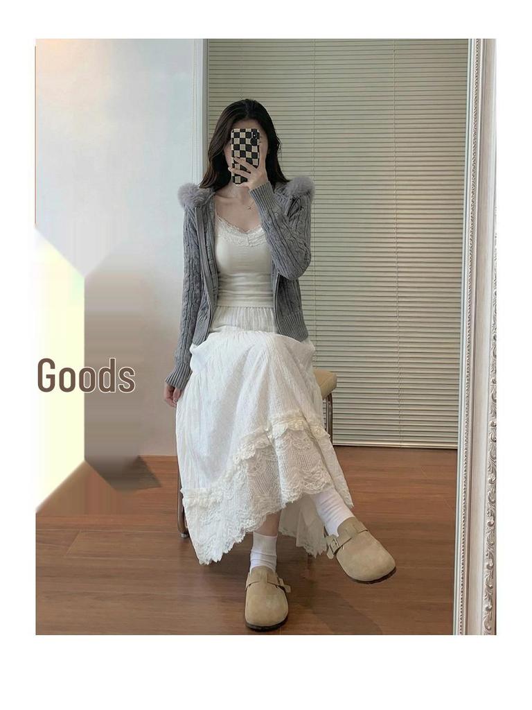 Women's White Lace High Waist A-line Umbrella Skirt - Mid-length Flare for Tall Figures
