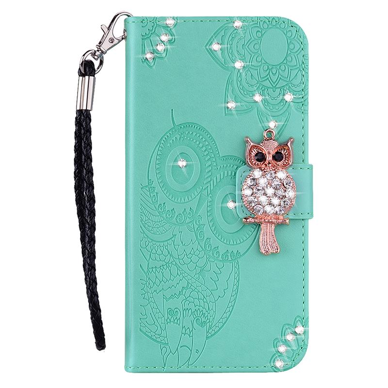 For Samsung Galaxy S23 FE Case Owl Flower Imprinted Rhinestone Leather Phone Stand Cover