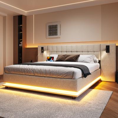 Cama estofada, 180*200cm, com fita de LED, cabeceira com holofote, com USB, sem colchão, linho, bege