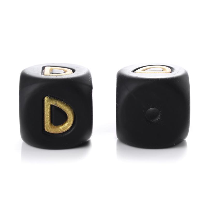 12mm 10Pcs Silicone Black+Gold Letters Beads English Alphabet Letter Beads for Baby Teething Teethers Shower Gifts BPA Free