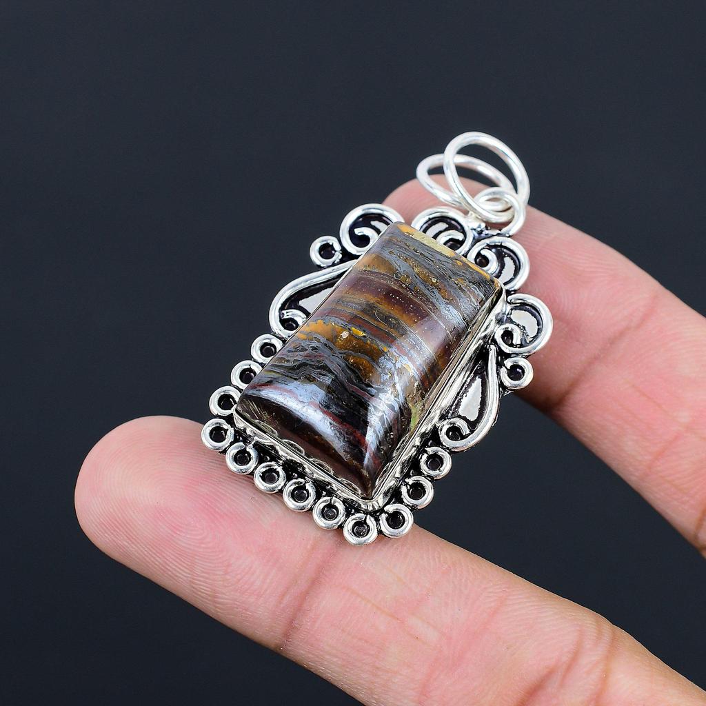 925 Silver Iron Tiger Eye Stone Daughter Bezel Engagement Unique Pendant Jewelry