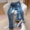Winter New High Waist Loose Drape Retro Blue Velvet Thickened Warm Jeans Women