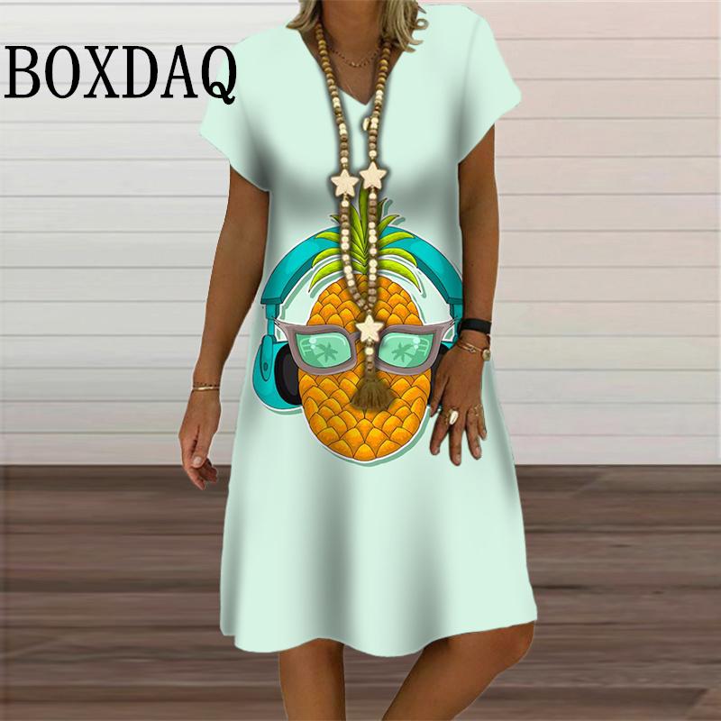 Tie Dye Painting Pineapple Print Dresses For Women 2024 Fashion Sweet Casual V-Neck Short Sleeve Dress Summer Plus Size Sundress