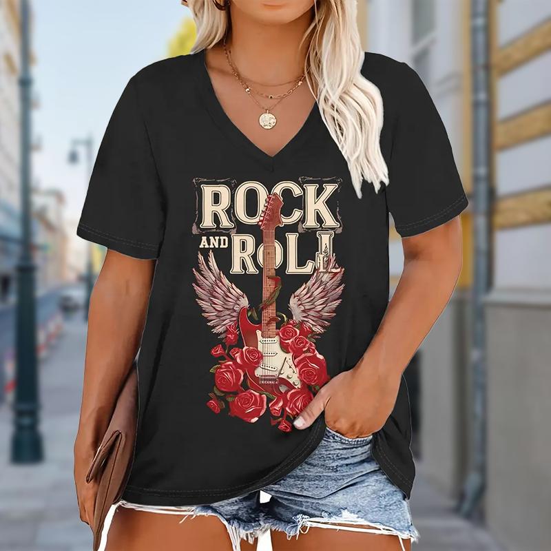 

Fashion Guitar Painting Blouses Short Sleeved V-Neck T Shirts Casual XS чорний
