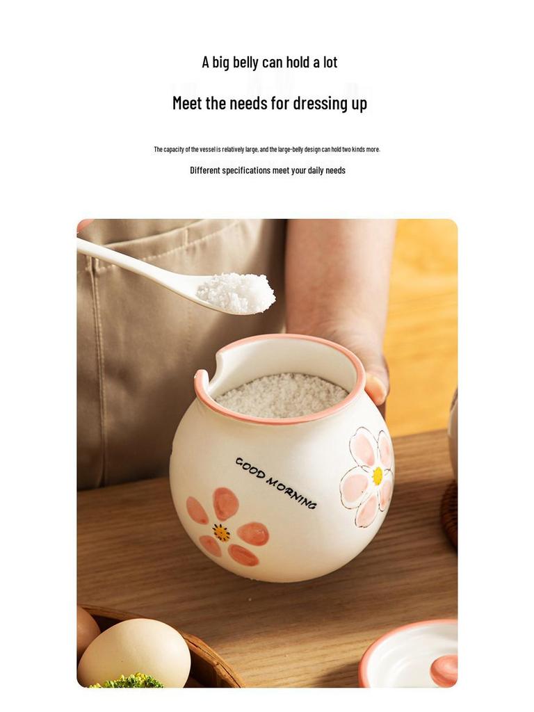 Japanese Ceramic Seasoning Jar with Lid and Spoon - Cute, High-Temperature Resistant Storage for Your Kitchen