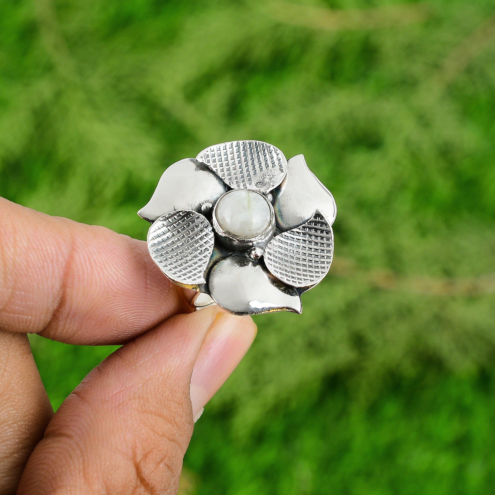 

Round Natural Rainbow Moonstone Flower Promise Boho Ring Jewelry Sterling Silver Adjustable