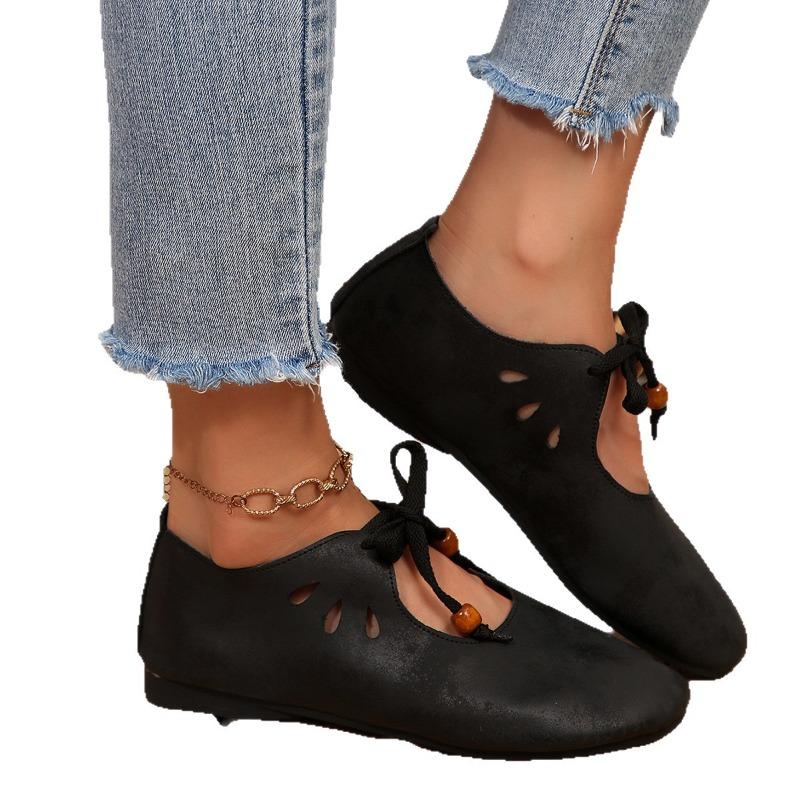 Women's French Vintage Beaded Lace-Up Flats - Hollow Out Design Soft Leather Slip-Ons for Spring/Fall, Delicate Comfort Shoes