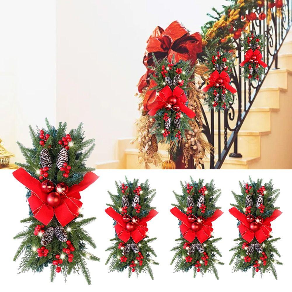 Red Bow Christmas Wreath Pine Cone PE Leaf Staircase Arrangement Simulation Plant Upside Down Design Rattan Decoration