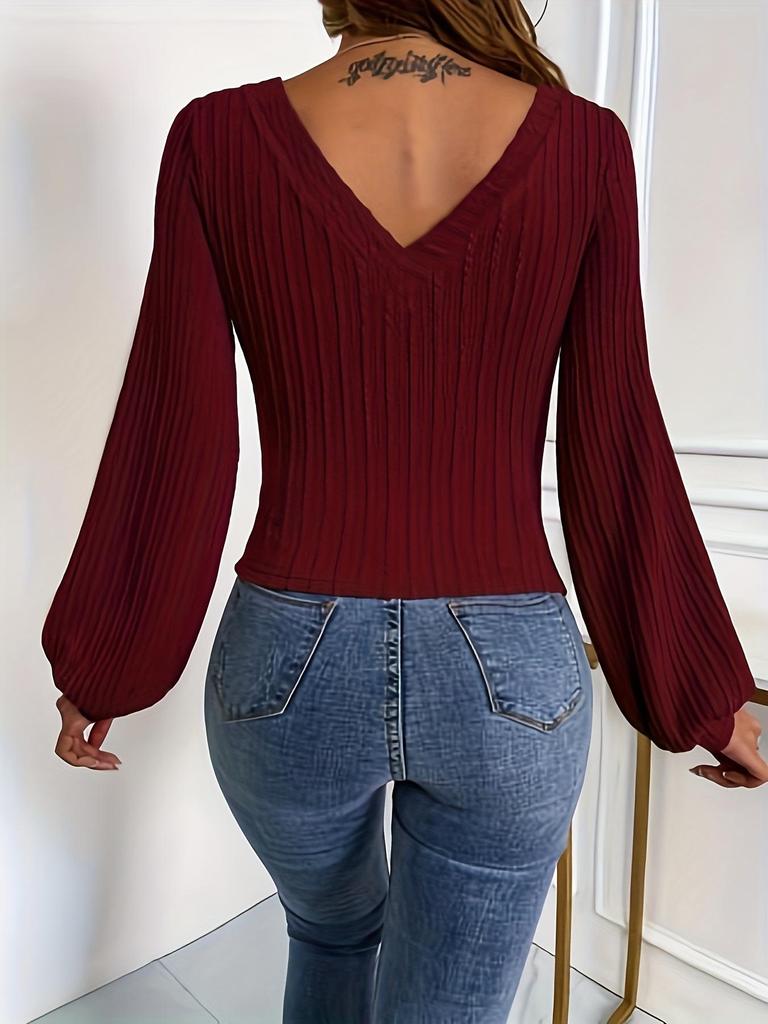 2026 Autumn/Winter Women's Solid Color Ribbed Long Sleeve V-neck Casual Top