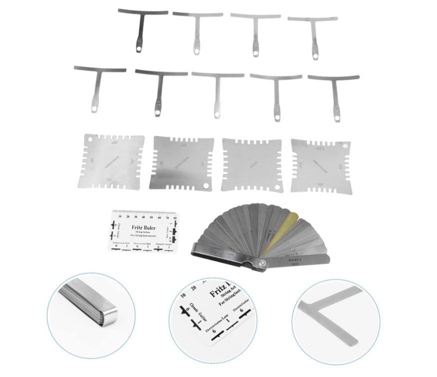 15-Piece Guitar Repair Tool Set: String Height Gauge, Gap Gauge, T-Square, Fretboard Radius Cards