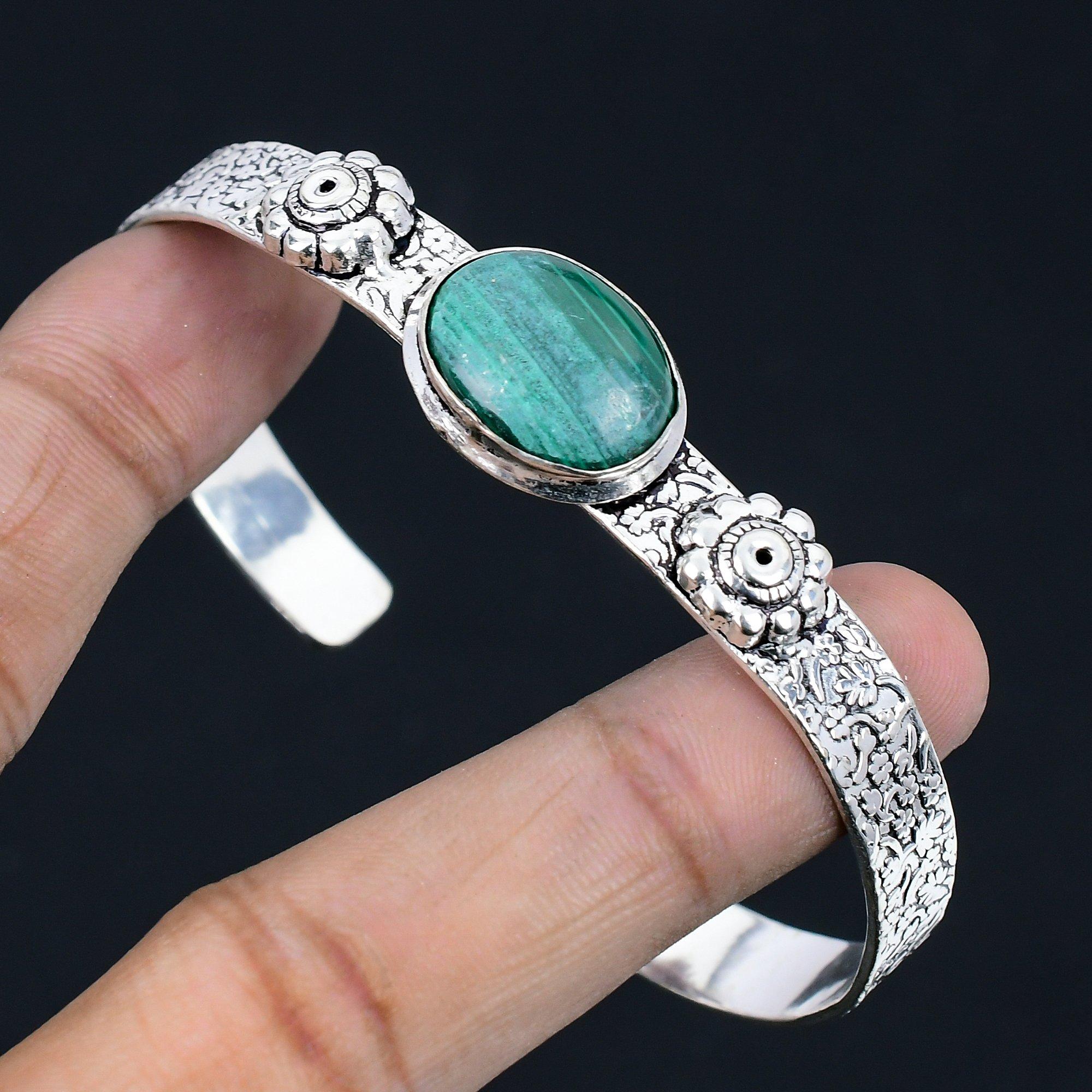 

Gift For Her 925 Sterling Silver Natural Malachite Gemstone Bangle Adjustable Adjustable