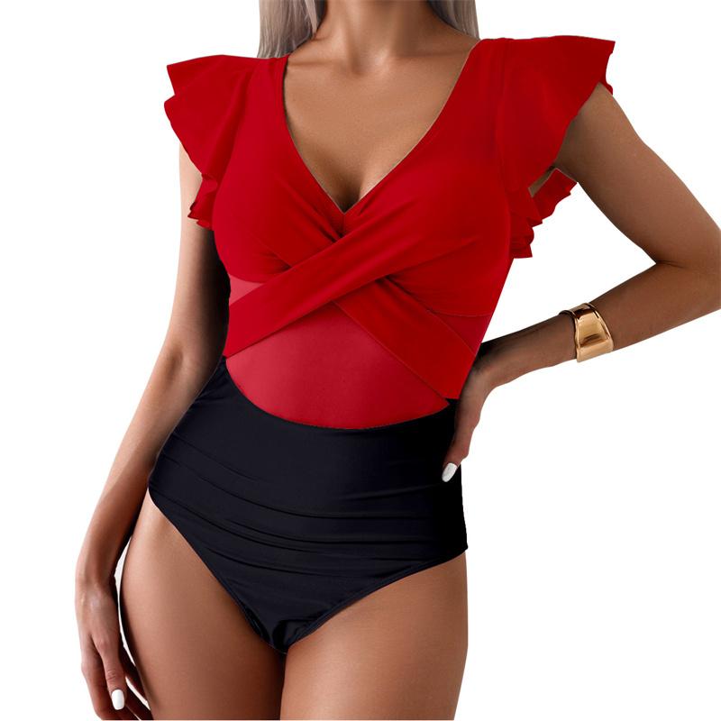 Solid Bathing Suits Summer Swimming Push Up V Neck Beachwaer Monokini Women Ruffle One Piece Swimsuit Women Swimwear