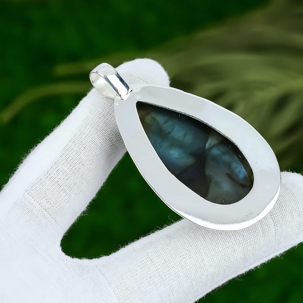 Pendentif Pierre Gemme Labradorite Naturelle Gris Argent Sterling 925 Bijou Indien