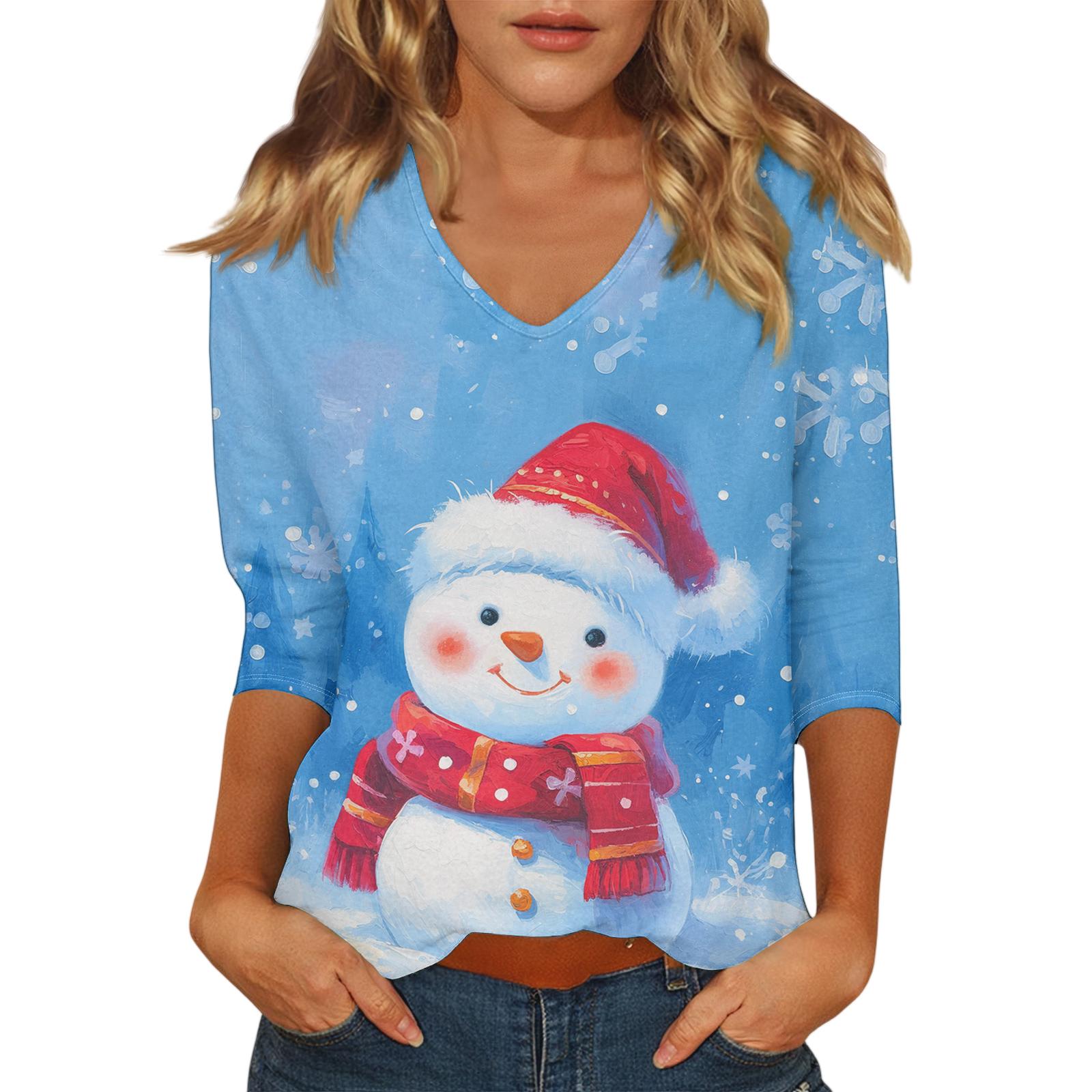 

Ladies Christmas Printed Fashionable Casual Seven Quarter Sleeved V-neck Top XL