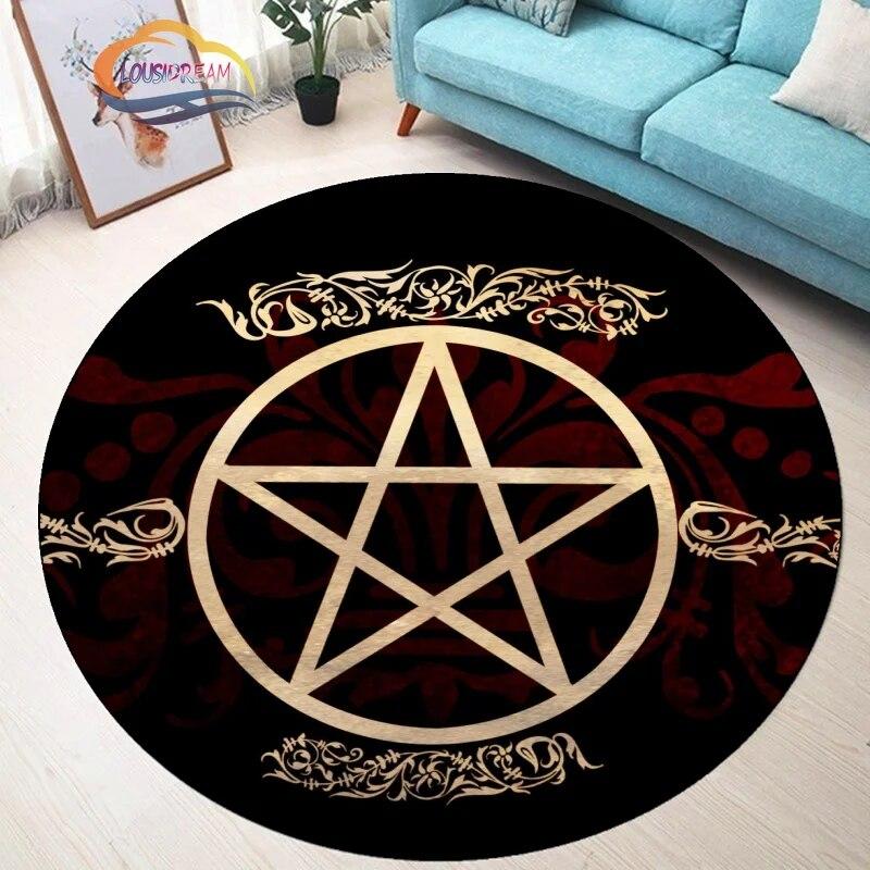 Pentagram Carpet Moon Satanic Round Rug Skull &  , Wicca  White  On Black  Goth Home Decor Chair Mats
