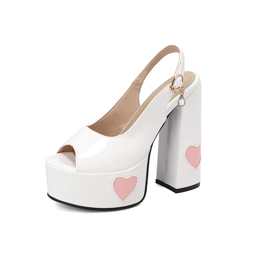 Heart-Shaped Pattern Glossy Lacquer Leather Material Peep Toe Shoes Back Strap Rhinestone Buckle High Platform Women's Sandals